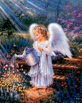 Ангелочек поливает садовые цветы