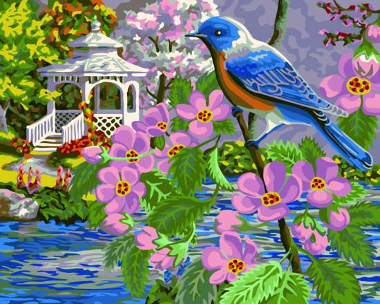 Картина по номерам 40x50 Синяя птица у беседки в цветах