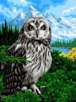 Белая сова на фоне снежных гор