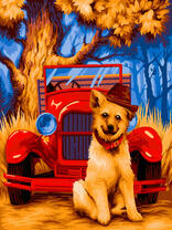 Милый пес на фоне красного авто