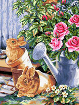 Пара кроликов у куста роз