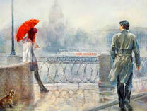 Девушка с карсным зонтом и мужчина на набережной