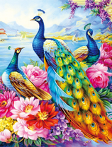 Павлины среди цветов у озера