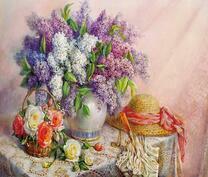 Шляпка, букет сирени и розы