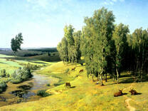 Коровы на выпасе у берёзовой рощи