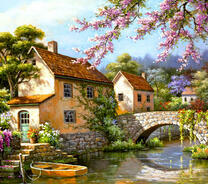 Каменный мост в весенней деревне