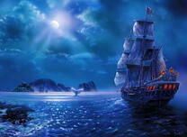 Корабль и кит в ночном море