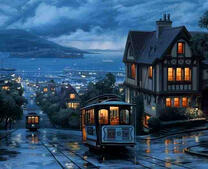 Вечерние трамваи в городе у моря