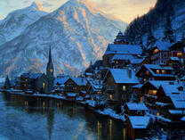 Зимняя ночь над городом у озера