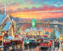 Вечерний городок у озера перед Рождеством