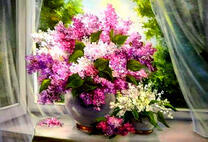 Букет сирени и ландышей на окне