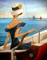 Девушка в шляпке правит лодкой в море