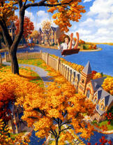 Дети на высоких качелях над городом