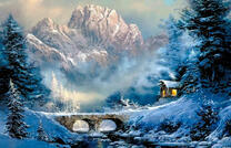 Тёплый домик в зимнем лесу у ручья