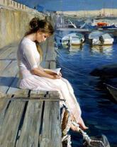 Девушка с книгой на причале