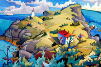 Домик и горный мыс в море