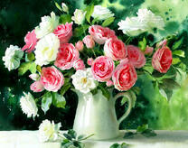Кувшин с букетом белых и розовых роз