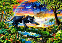 Пантера над ручейком в ночных джунглях