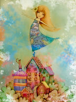 Девушка в платье на крыше дома