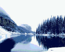 Заснеженный лес на берегу горного озера