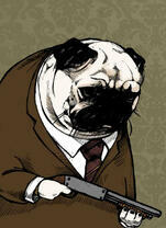 Мопс в костюме и с ружьем