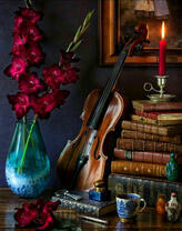 Цветы, скрипка, свеча и книги