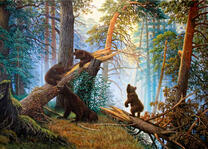 Медведица с медвежатами в лесу