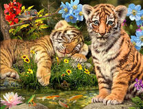 Тигрята в весенних цветах у озера