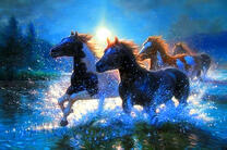 Стадо лошадей на ночной реке