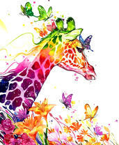 Жираф, цветы и бабочки