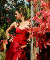 Женщина в красном платье и летний сад