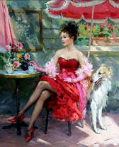 Девушка с собакой в летнем кафе