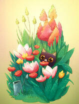 Черный котёнок в весенних цветах