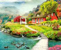 Мостик и тропинка у красному домику у озера