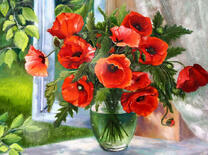 Прозрачная круглая ваза с маками