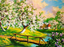 Цветущие деревья вдоль реки