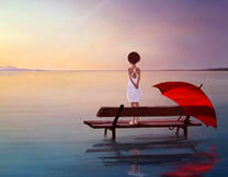 Девушка в белом платье с красным зонтом