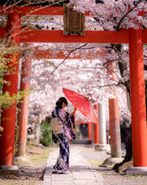 Японская девушка под красным зонтом