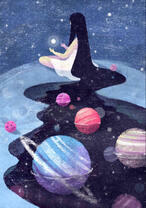 Девушка с чёрными волосами и планеты