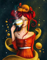 Девушка с чаем и кошкой на голове