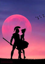 Воин и женщина на фоне солнца