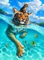 Тигр перевозит кота по морю