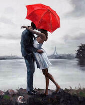 Поцелуй у озера под красным зонтом