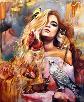 Девушка, животные и птицы леса