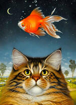Кот мечтает о золотой рыбке в ночи