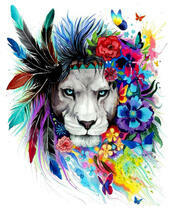 Лев, яркие цветы и бабочки