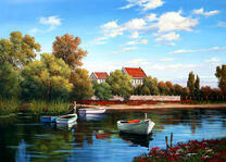 Лодки на реке и домики