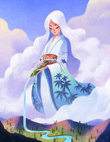 Девушка над рекой и горами