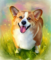 Весёлый корги на летней полянке