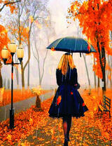 Девушка в черном платье с зонтом в осеннем парке